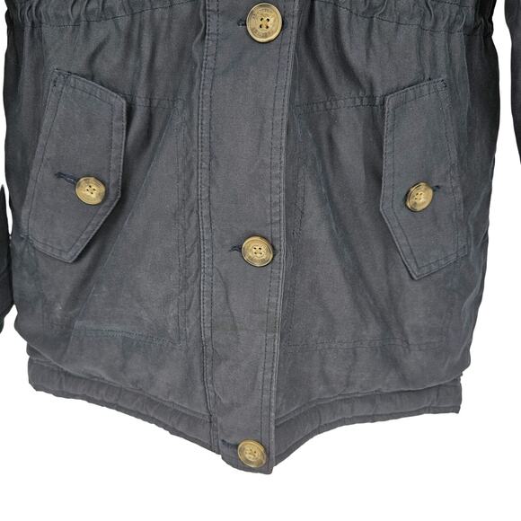 Abercrombie Kids size 13/14 Long Line Navy Blue Cream Faux Fur Coat 2 Pockets - Picture 5 of 9